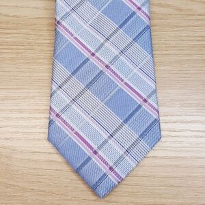 MICHAEL KORS Mens Neck Tie Blue Gray Check Plaid Classic Pointed Silk Blend